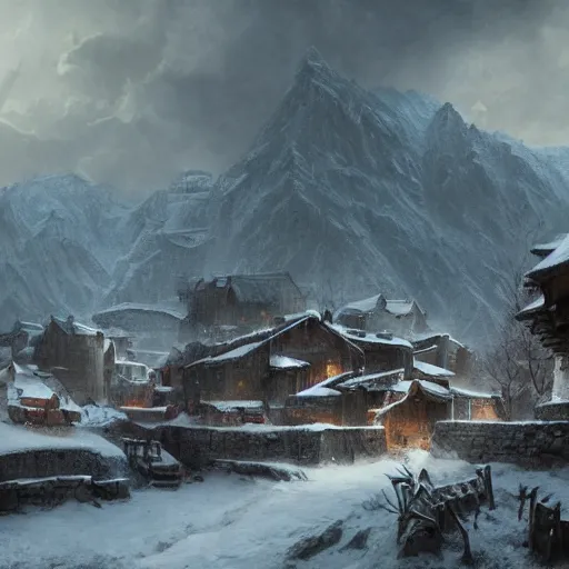 Image similar to an village in blizzardy mountains, Matte painting , detailed painting, greg rutkowski