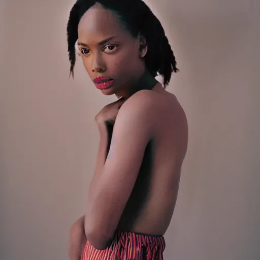 Image similar to realistic photoshoot for a aime leon dore lookbook, color film photography, portrait of a beautiful woman in style of tyler Mitchell, 35mm, graflex