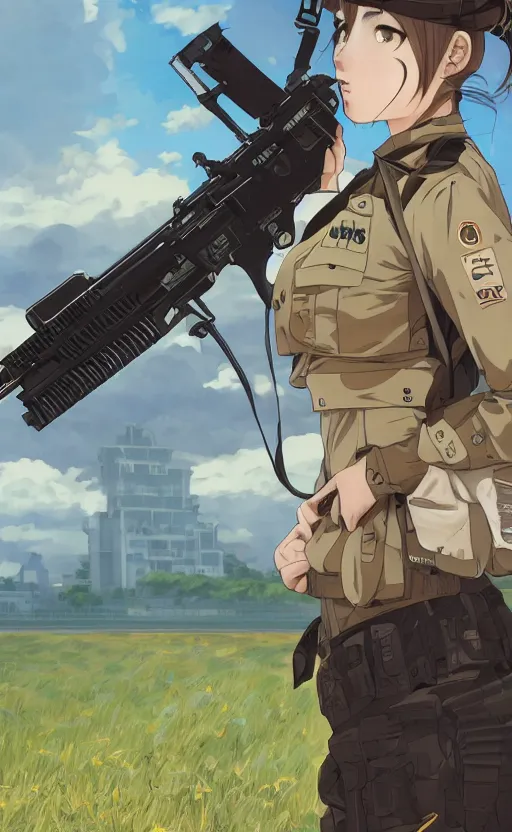 Prompt: portrait of a female soldier, highly detailed, high resolution, military camp in the background, full color manga visual style, illustration, stunning, prequel of girls frontline, bokeh soft, matte, 100mm, by professional photographer, hayao miyazaki, ilya kuvshinov, alphonse mucha, studio mappa, realistic human anatomy, realistic military carrier, modern warfare, realistic weapon, shot with a arriflex 35 ii, low saturation, small eyes