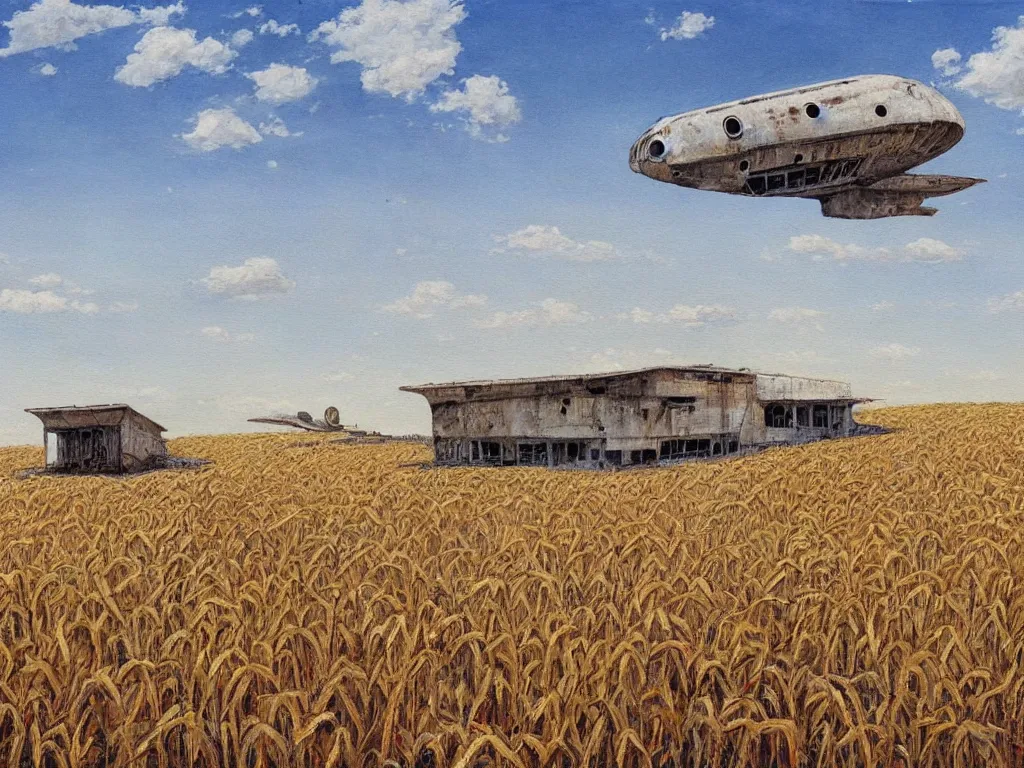 Image similar to A fantastic painting of a dilapidated post-modern building on a wheat field with an abandoned spaceship parked on the roof of the building, by Robert McCall, Trending on artstation, very detailed