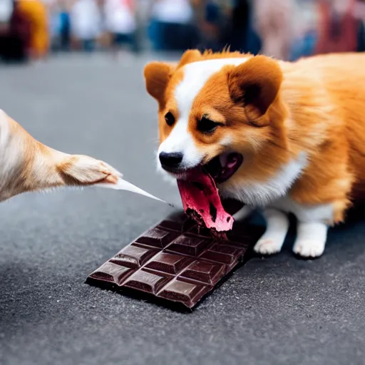 Image similar to a corgi on fire eating chocolate