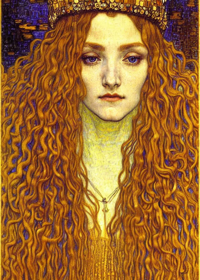 Image similar to detailed realistic beautiful young medieval queen face portrait by jean delville, gustav klimt and vincent van gogh, art nouveau, symbolist, visionary, gothic, pre - raphaelite, muted earthy colors, desaturated