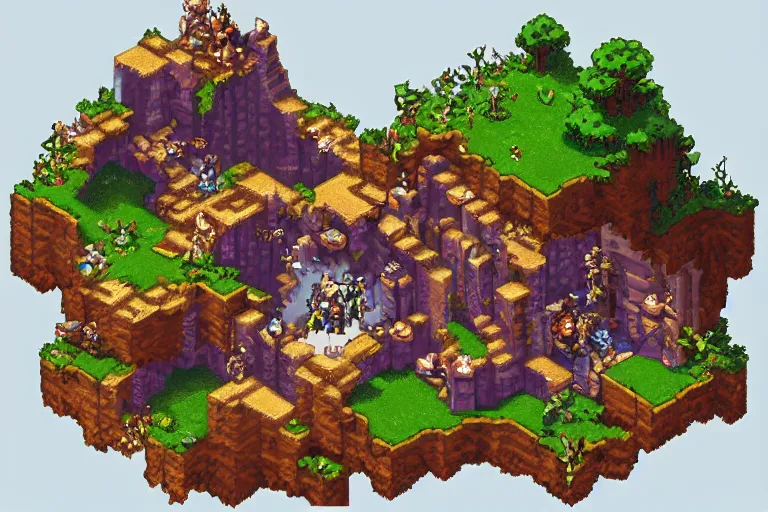 Image similar to isometric dungeon gold and iron cluster cave, 2D, pixel art, 16bit, tactical game, artstation, perfect composition, 2D sprite characters, fantasy, magical atmosphere, matte-painting