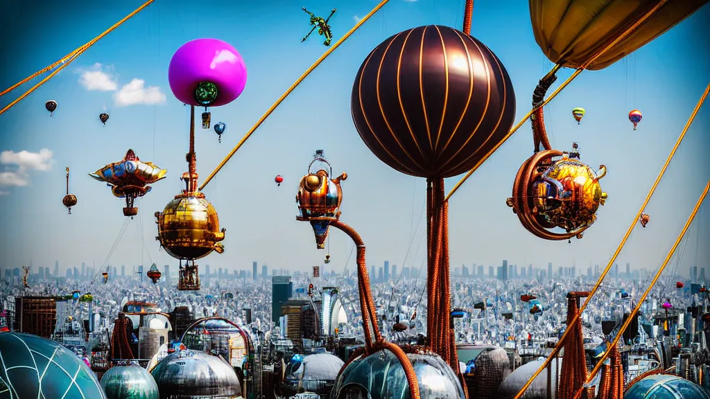 Image similar to large colorful futuristic space age metallic steampunk steam - powered balloons with pipework and electrical wiring around the outside, and people on rope swings underneath, flying high over the beautiful tokyo city landscape, professional photography, 8 0 mm telephoto lens, realistic, detailed, photorealistic, photojournalism