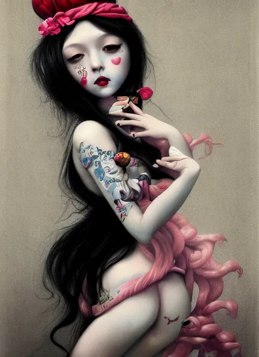 Prompt: pop surrealism, lowbrow art, realistic cute japanese girl wearing bikini painting, japanese street fashion, hyper realism, muted colours, rococo, natalie shau, loreta lux, tom bagshaw, mark ryden, trevor brown style,