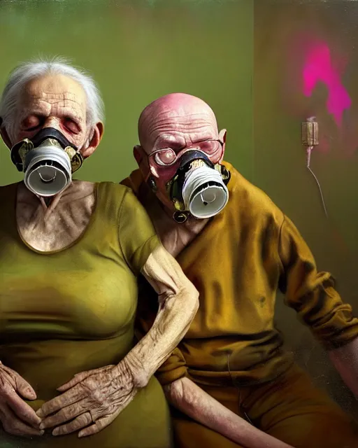 Prompt: Two frail old people wearing gas masks connected to their hearts, draped in silky gold, green and pink, inside an abandoned hospital room, they sit next to a pile of bones, the world is on fire, loss in despair, transhumanist speculative evolution, depth of field, in the style of Adrian Ghenie, Esao Andrews, Jenny Saville, (((Edward Hopper))), Maya Bloch, surrealism, dark art by Takato Yamamoto