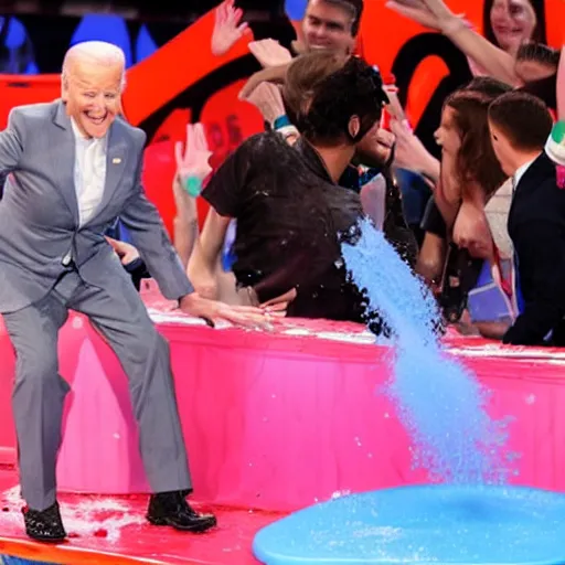 Prompt: joe biden getting slimed at the kids choice awards, dynamic, cinematic photo