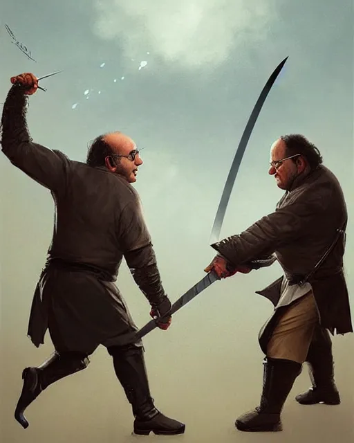 Image similar to “ george costanza and danny devito having a swordfight, very epic, digital art, greg rutkowski ”