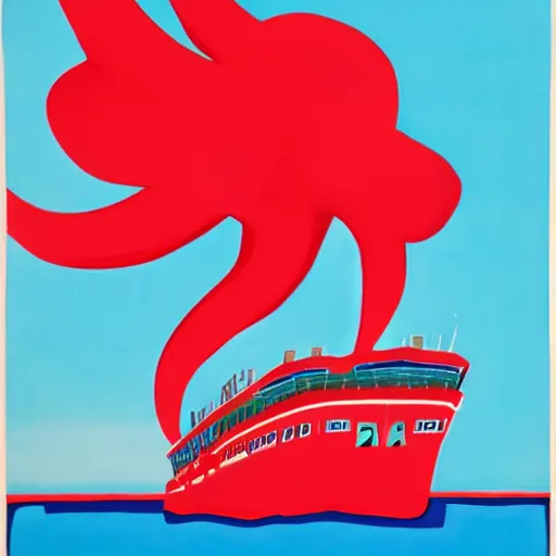 Prompt: A giant squid destroying a cruise ship in the middle of the ocean, oil painting by Andy Warhol