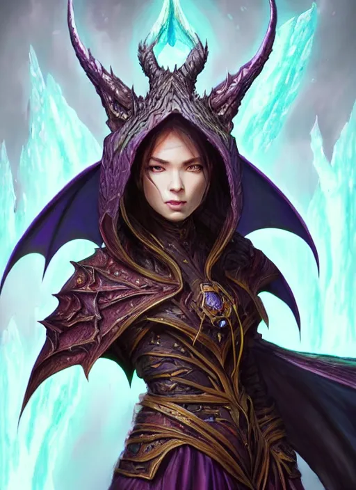 Image similar to epic dragon warlock female character design, highly detailed, glossy eyes, d & d, fantasy, highly detailed, digital painting, trending on artstation, concept art, sharp focus, holographic undertones, illustration, global illumination, ray tracing, realistic shaded, art by artgerm and greg rutkowski and fuji choko and viktoria gavrilenko and hoang lap