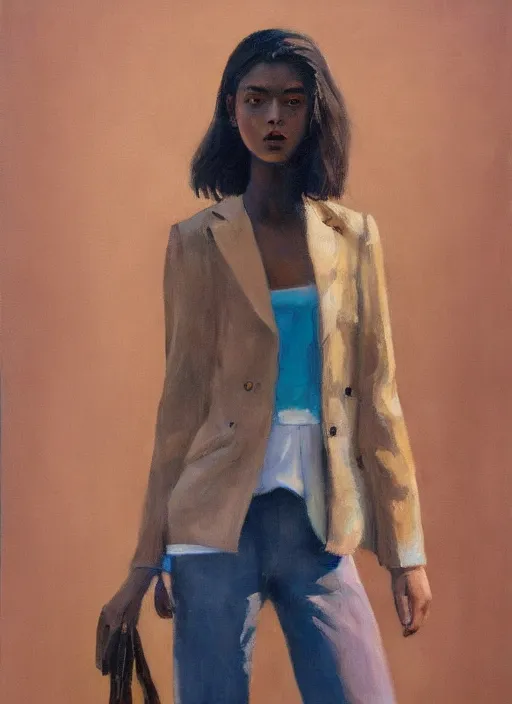 Prompt: full body portrait in daring femininity, ethnic, realistic face sculpted features, thin and statuesque model, urban outfit with jacket and buckles, warm glow, bathed in light, chiaroscuro, specular highlights, angular impressionism, radiosity, natural color scheme, earthy tones, modern fashion, contemporary art, oil on canvas