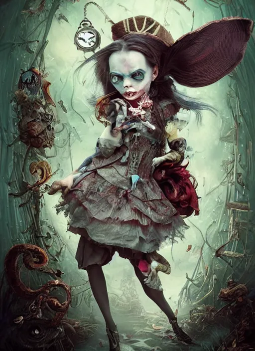 Image similar to alice in wonderland, angry, eerie, scary, cheeky, steampunk googles, highly detailed, cinematic, 8 k, by megan duncanson, benjamin lacombe, adrian borda, stanley artgermm, tom bagshaw, craig mullins, carne griffiths, ayami kojima, beksinski, giger, trending on deviantart, hyper detailed, horror, full of colour