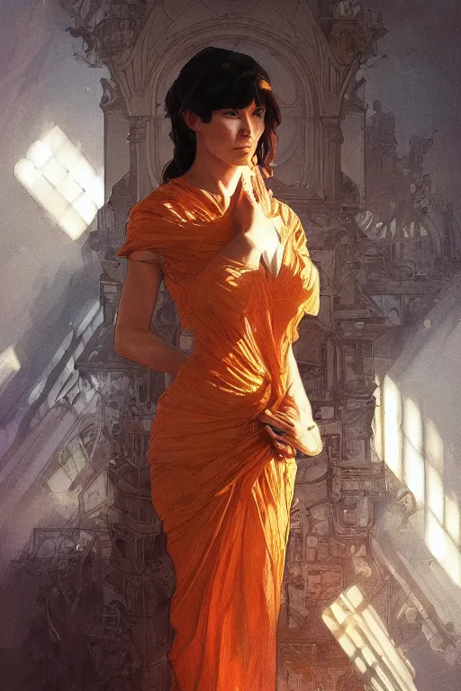 Image similar to portrait of tinfoil hat man in orange t - shirt behind his wife, feelings, romantic, fantasy, intricate, elegant, highly detailed, digital painting, artstation, concept art, smooth, sharp focus, illustration, art by artgerm and greg rutkowski and alphonse mucha