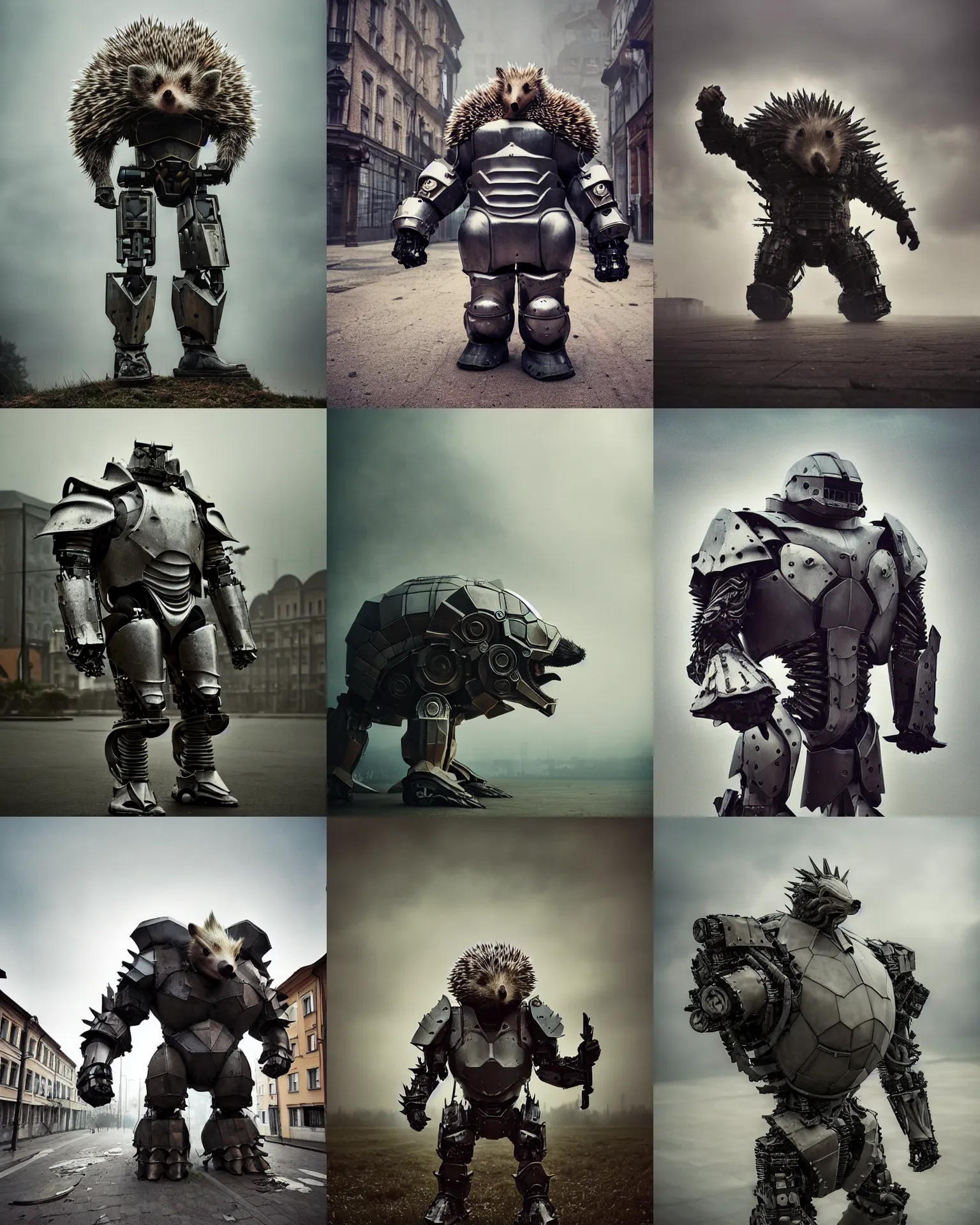 Prompt: epic pose!!! giant oversized battle armor cyborg anthropomorphic hedgehog rugged hulked, in legnica, full body, cinematic focus, polaroid photo, vintage, neutral dull colors, soft lights, foggy mist, by oleg oprisco, by thomas peschak, by discovery channel, by victor enrich, by gregory crewdson