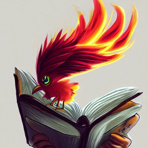 Prompt: A small cute adorable phoenix reading a book at a university digital art raytracing