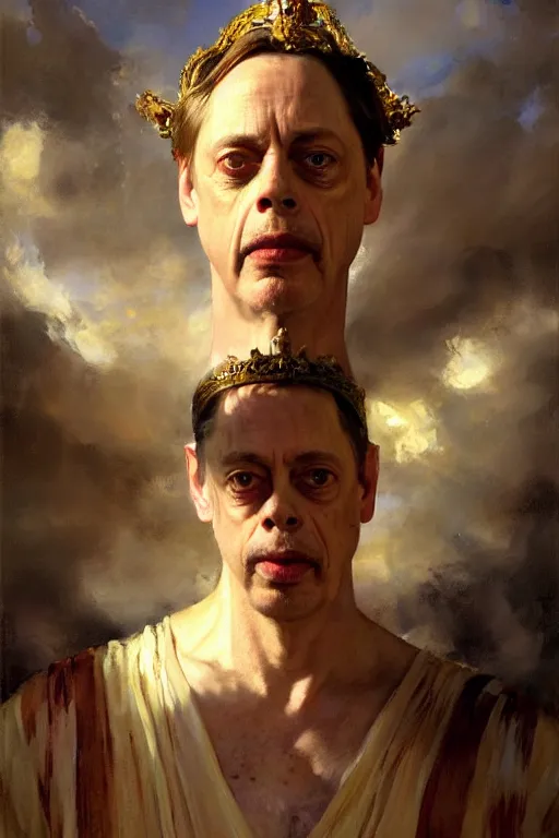 Image similar to beautiful impressionistic oil painting portrait of ancient roman god emperor steve buscemi ascending wearing the civic crown levitating in religious pose, art by anders zorn, wonderful masterpiece by greg rutkowski, expressive brush strokes, beautiful cinematic light, american romanticism by greg manchess, jessica rossier