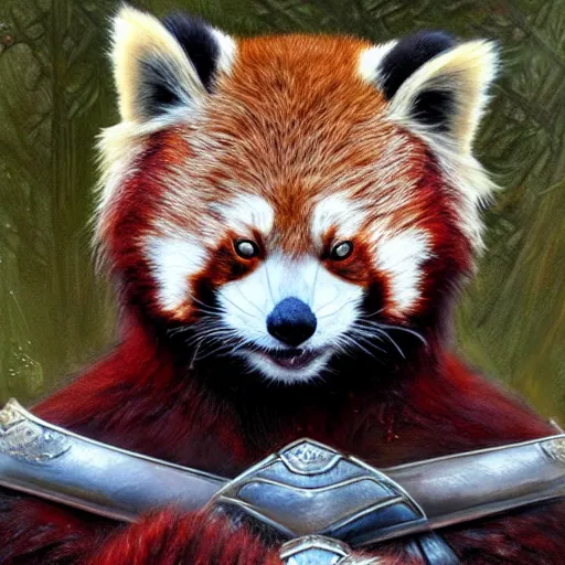 Prompt: red panda as a realistic fantasy knight, closeup portrait art by donato giancola and greg rutkowski, realistic face, digital art, trending on artstation, symmetry!!