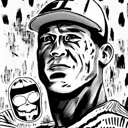 Prompt: black and white illustration of john cena in the style of junji ito