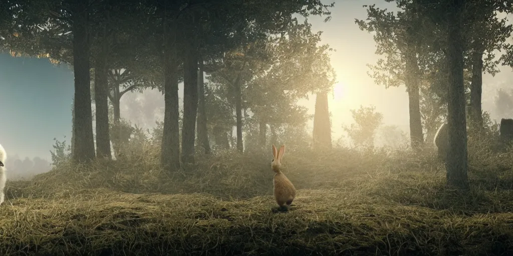 Image similar to a bunny rabbit standing in front of a photorealistic 3D art of dystopian landscape with fluffy trees, 4k, extremely detailed, ultra realistic, by Annibale Siconolfi, Maxon Cinema 4D, Otoy Octane, Adobe Photoshop, Adobe After Effects, complex 3D scene