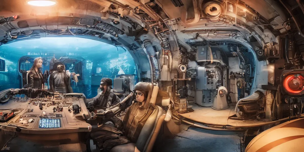 Image similar to photograph of a cyberpunk submarine interior set with a child standing next to lifeless adults. cinematic lighting, color contrast, arri alexa, anamorphic bokeh, professional lighting, 4 k, photographed by erik johansson, graded with davinci resolve