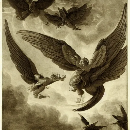 Image similar to melancholic, placid low - key lighting by giovanni battista gaulli. a photograph of a winged creature, flying high above a group of people in a dark, wooded area. the creature's wings are spread wide & its head is turned upwards, looking towards the sky. people below looking up at creature awe & fear.