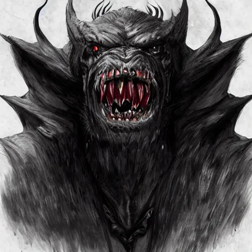 Prompt: portrait of a demonic huge hulking creature with giant black bat wings, muscular and terrifying, unsettling, creepy, epic hairy monster terrifying covered in dark fur and matted mud with white eyes, artstation, cgsociety