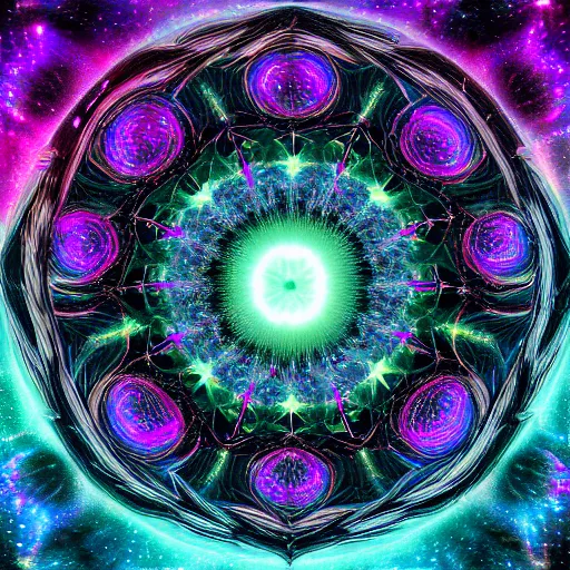 Prompt: a black portal in outer space, surrounded by fractals, galaxies, and kaleidoscopic colors