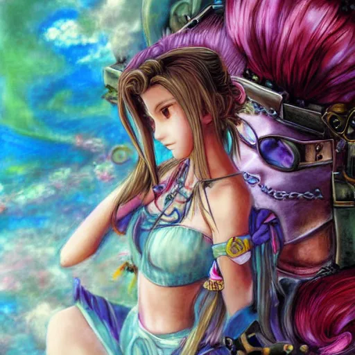 Prompt: a dreamy colorful drawing of aerith gainsborough from from final fantasy 7 with the steam punk city midgard as backdrop by master artist yoshitaka amano