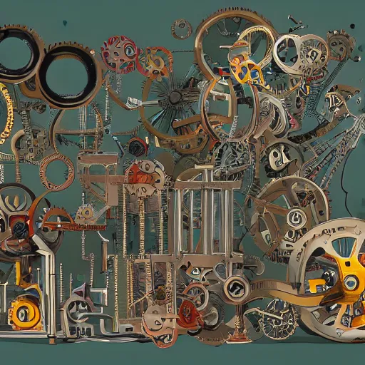 Prompt: a chaotic scene of a crazy machine with lots of details and contraptions. there are many pairs of scissors visible. the illustration is very detailed and intricate, with a lot of small elements that come together to create a cohesive whole. it uses a limited palette of colors, which helps to create a cohesive and unified look.