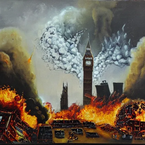 Prompt: london being destroyed by an atomic bomb explosion, oil in canvas