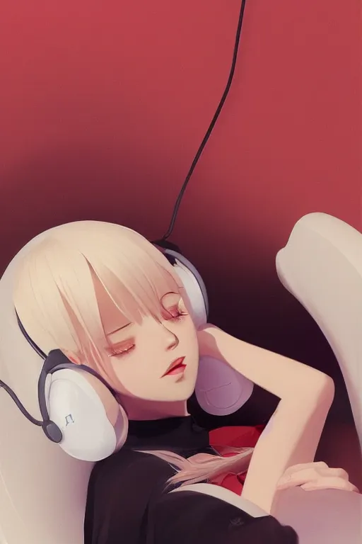 Image similar to a cute young woman lying in a ball chair while listening to music with her eyes closed and wearing headphones by Ilya Kuvshinov and Range Murata, white bob cut hair, red and white, cozy setting, soft lighting, atmospheric, cinematic, moody, digital painting, Krenz Cushart, Eero Aarnio, 8k