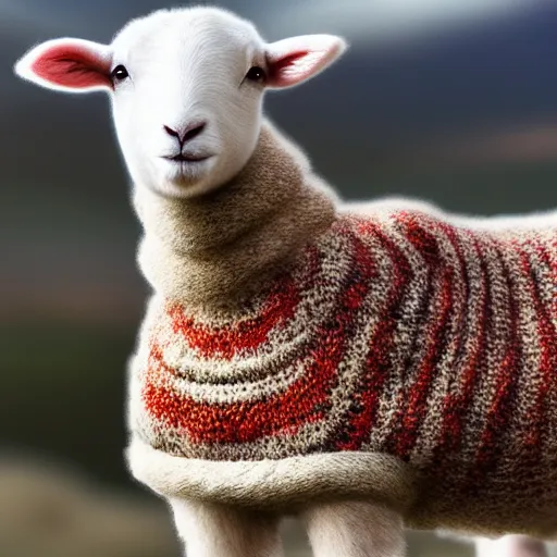 Prompt: lamb wearing a sweater, canon portrait, full body shot 4k, hills in the background, symmetry!!, coherent, photorealistic, cold colors, Scotland artstation,