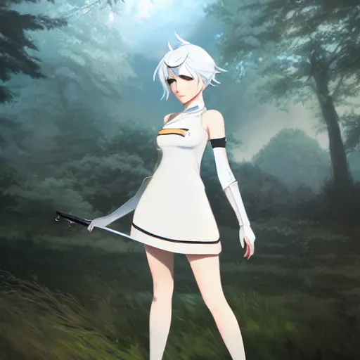Prompt: realistic render of weiss schnee from rwby by ross draws, forest background by ilya kuvshinov, digital anime art by ross tran, composition by sana takeda, lighting by greg rutkowski