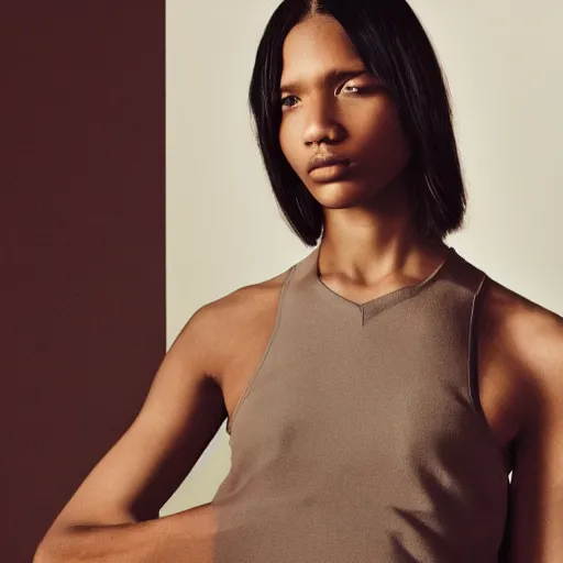 Prompt: realistic photoshooting for a new balenciaga lookbook color film photography portrait of a beautiful woman model wearing a taupe pelagia tank top, photo in style of tyler mitchell