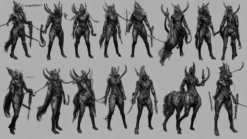 Prompt: a fantasy centaur warlock character design sheet, trending on artstation