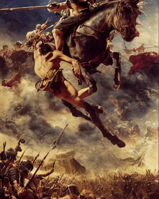 Prompt: Movie poster of the Punic Wars, Highly Detailed, Dramatic, A master piece of storytelling, wide angle, cinematic shot, highly detailed, cinematic lighting, by frank frazetta + ilya repin , 8k, hd, high resolution print