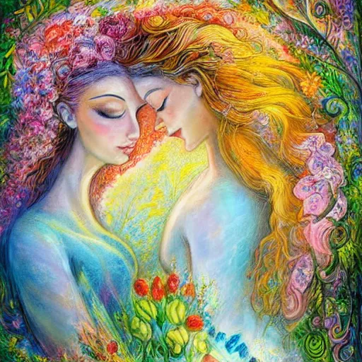 Image similar to abstract figurative art, lovers of spring, josephine wall, dreamy, muted, pastel colors