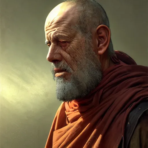 Image similar to portrait painting of a post - apocalyptic older american man blindfolded and wearing monk garbs with a scrap pauldron, ultra realistic, concept art, intricate details, eerie, highly detailed, photorealistic, octane render, 8 k, unreal engine. art by artgerm and greg rutkowski and charlie bowater and magali villeneuve and alphonse mucha