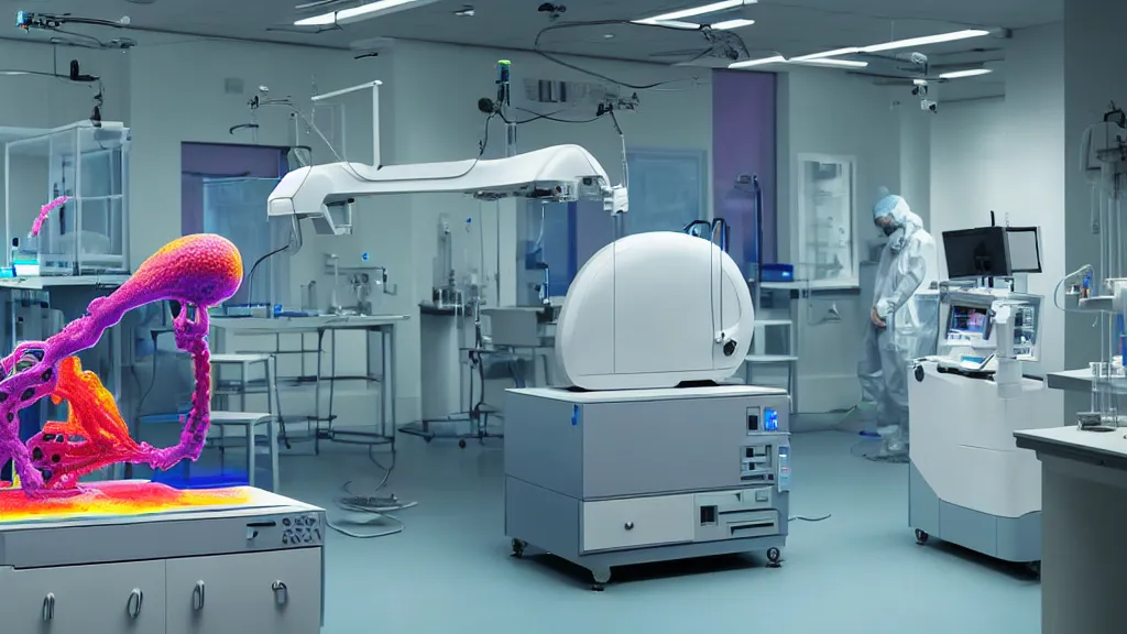 Image similar to a complex bifurcated surgical arm hybrid mri 3 d printer machine making colorful mutant forms with control panels in the laboratory inspection room, film still from the movie directed by denis villeneuve with art direction by salvador dali, wide lens