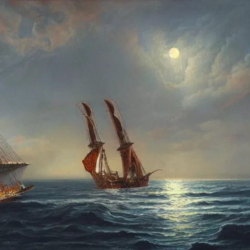 Prompt: a beautiful coastline with an ominous biopunk tower with glowing lights rising in the distance with a sailing ship in the foreground, painting by John Berkley