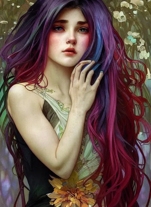 Prompt: a young woman with beautiful rainbow hair. she looks very sad, crying. beautiful painting by artgerm and greg rutkowski and alphonse mucha