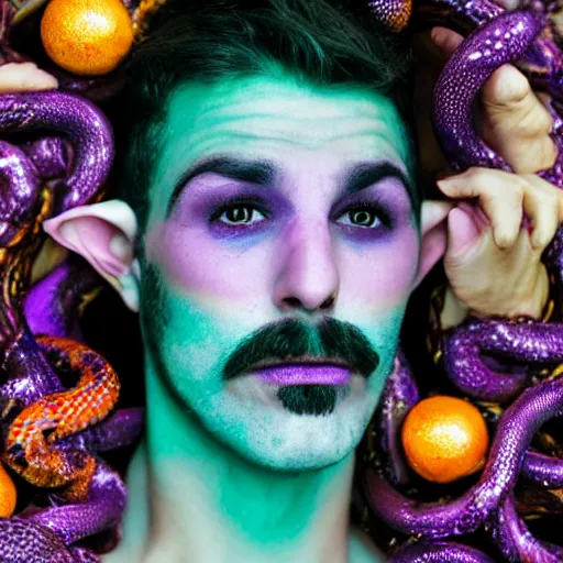 Image similar to magical purple elf man with pointy ears, a orange mustache, a snakes tongue, and sparkly skin, portrait photography
