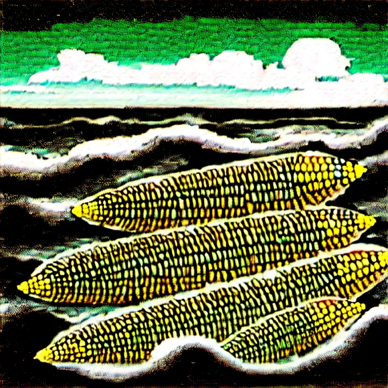 Image similar to corn floating in ocean, waves, vintage coutry style, monochromatic, detailed