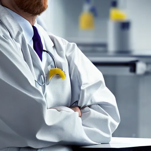 Prompt: a duck scientist wearing a labcoat, duck sits at a table, scientist is a duck, not human, super resolution, 8k, full body shot