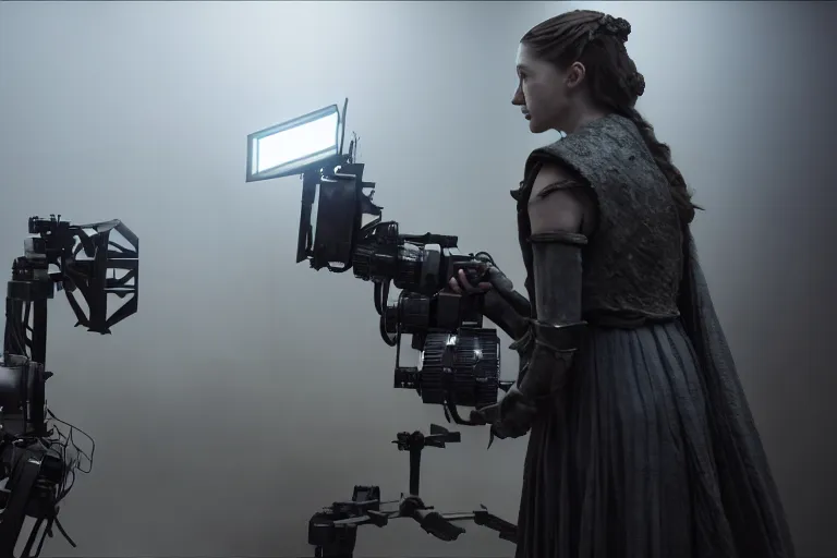 Prompt: vfx film, behind the scenes, on set, making of, film production, game of thrones robots, flat color profile low - key lighting award winning photography arri alexa cinematography, hyper real photorealistic cinematic, atmospheric cool colorgrade