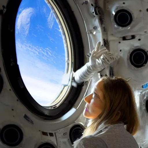 Prompt: wide angle photograph of woman looking out a space station cyberpunk window onto earth outside below