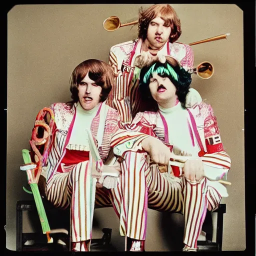 Image similar to 1 9 6 0 s photograph of a 4 piece white male psychedelic rock band in peppermint themed sailor outfits posing with instruments in a set that resembles sgt. pepper's lonely hearts club band