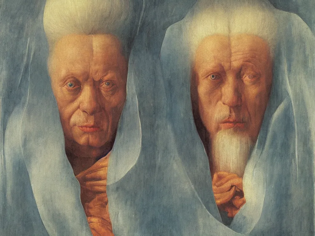 Prompt: Portrait of albino mystic with blue eyes, inside the close up macro ear cavity of an old man. Painting by Jan van Eyck, Audubon, Rene Magritte, Agnes Pelton, Max Ernst, Walton Ford