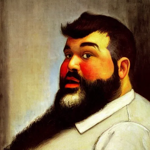 Image similar to portrait of a chubby bearded multi-ethnic young man, collared shirt, graying hair, glowing with silver light, painting by Franz Marc, by Jean-Léon Gérôme, by Winsor McCay, today's featured photograph, 16K