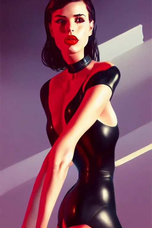 Image similar to dreamy girl character with perfect body in a nice black leather suit and red lips, very artistic pose, perfect lighting. professional design. great composition, illustration, highly detailed, digital painting, concept art, trending on artstation, by greg rutkowski, by jean - pierre vasarely